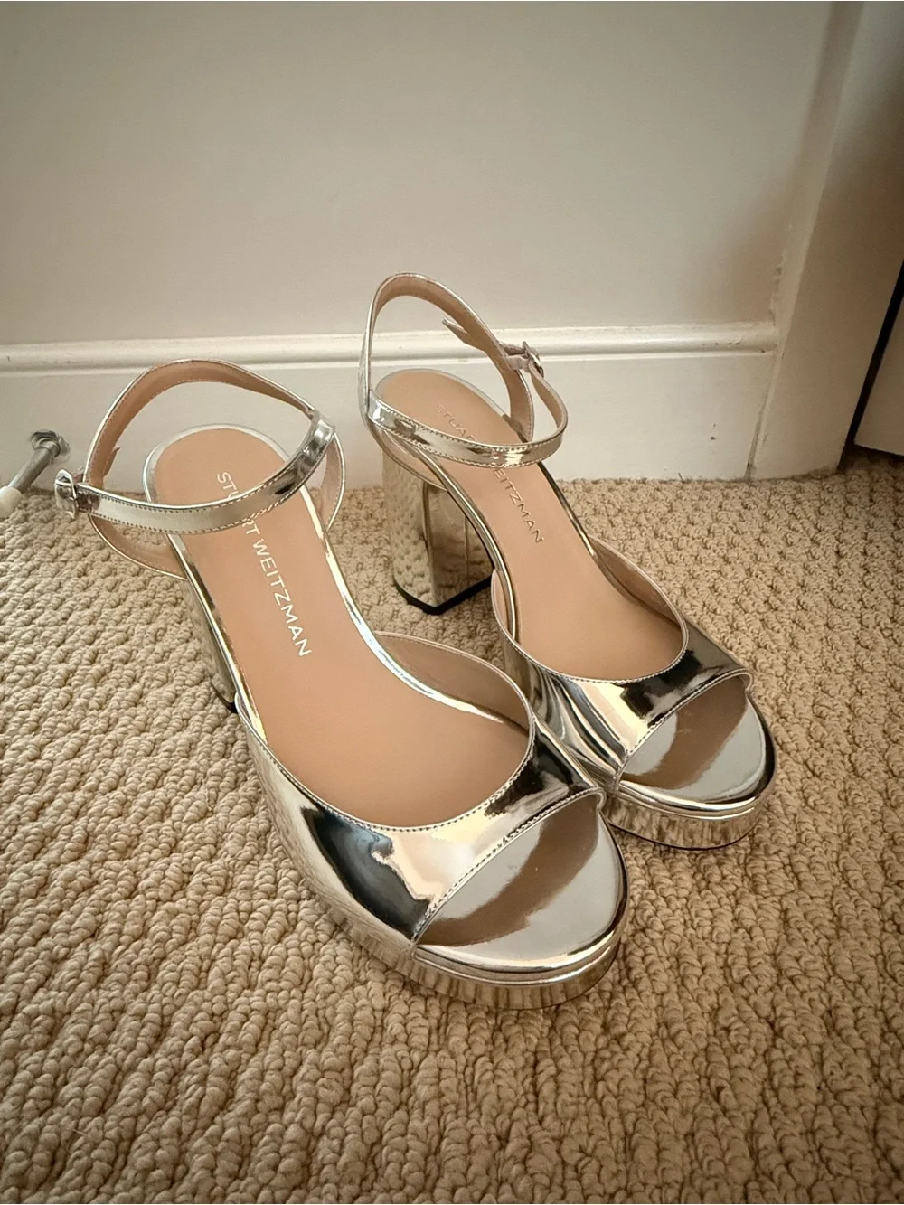 Stuart Weitzman Metallic Silver Platform Sandals with Ankle Strap